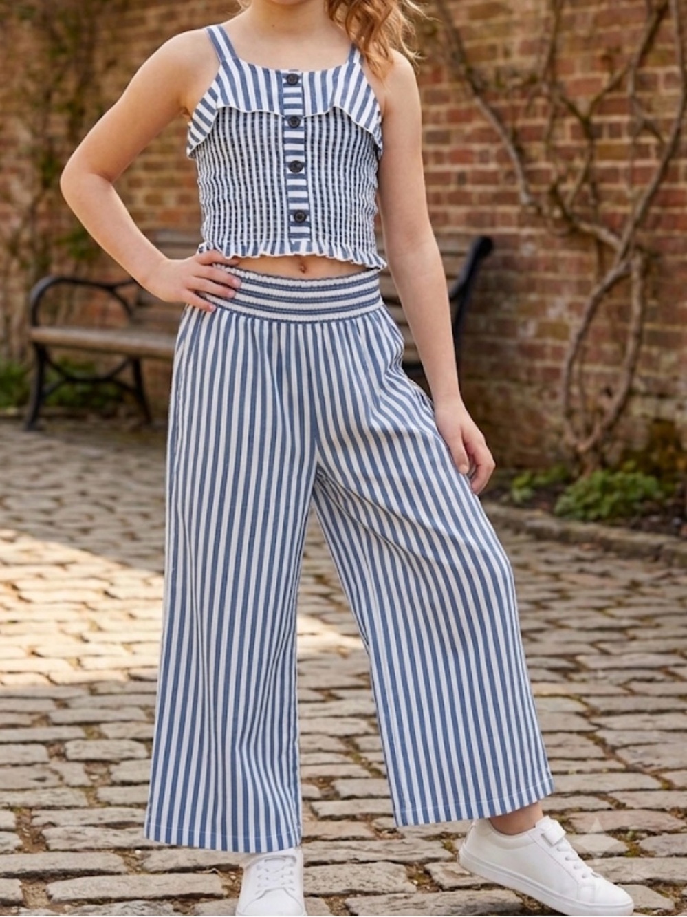 Japna Kids Blue White Striped Smocked Set Ruffle Top Pants Girls Size 12 NWT